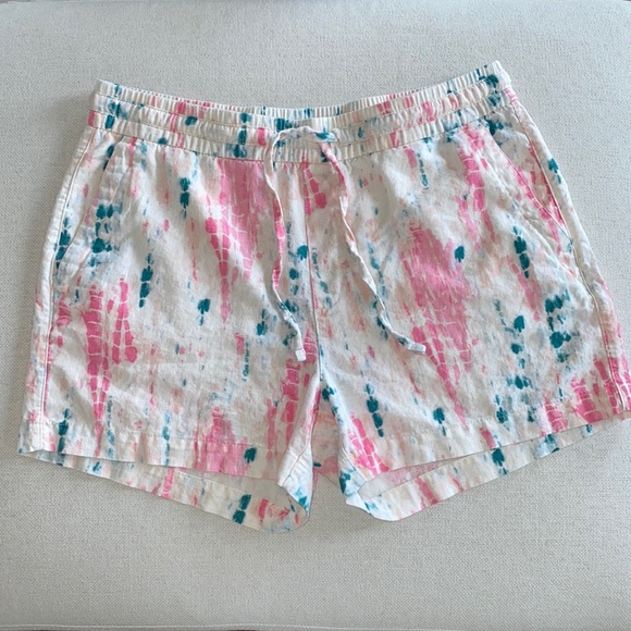 Old Navy High Rise  Drawstring Tie Dye Linen Shorts White Pink & Blue Medium - Picture 1 of 6